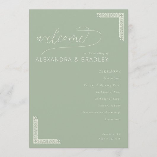 エレガントなサージグリーンの結婚式招待状 プログラム (正面)