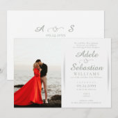 エレガントなサージグリーン写真モノグラムフォーマルウェディング 招待状 (正面/裏面)