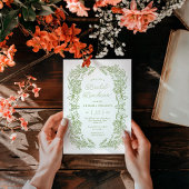 エレガントなサージグリーン花柄のブライダルランチョン 招待状