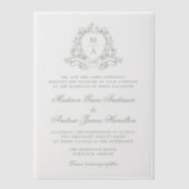 エレガントなサージグリーン花紋モノグラム結婚式 ベラム紙招待状 (正面)