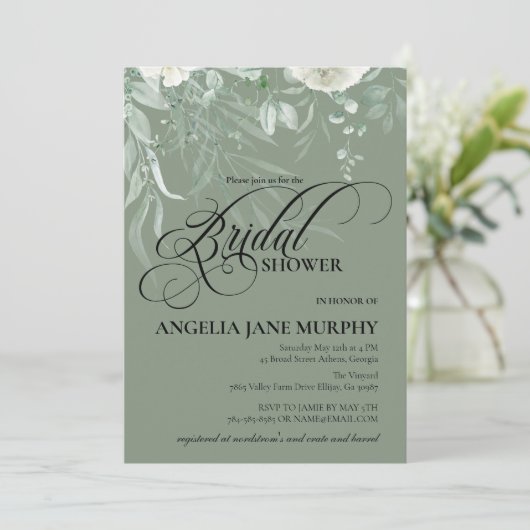 エレガントなサージグリーン ブライダルシャワーの招待状 招待状 (スタンド正面)