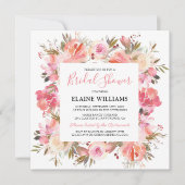 エレガントなサーモンピンクの花のブライズシャワー 招待状 (正面)
