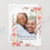 エレガントなサーモンピンクの花の写真を使った結婚式の招待状(Save the Date) 案内ポストカード (正面/裏面)