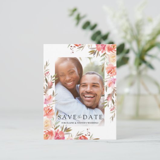 エレガントなサーモンピンクの花の写真を使った結婚式の招待状(Save the Date) 案内ポストカード (スタンド正面)