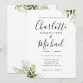 エレガントなシグネチャースクリプトグリーンの葉のウェディング 招待状 (正面/裏面)