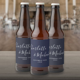 エレガントなシグネチャースクリプト ネイビーブルーの結婚式 ビールラベル