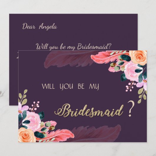 エレガントなシックなパープルローズの羽根 招待状 (正面/裏面)