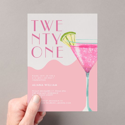 エレガントなシックなピンクのカクテル21st誕生日 アクリル招待状 (インサイチュ (ポータブル))