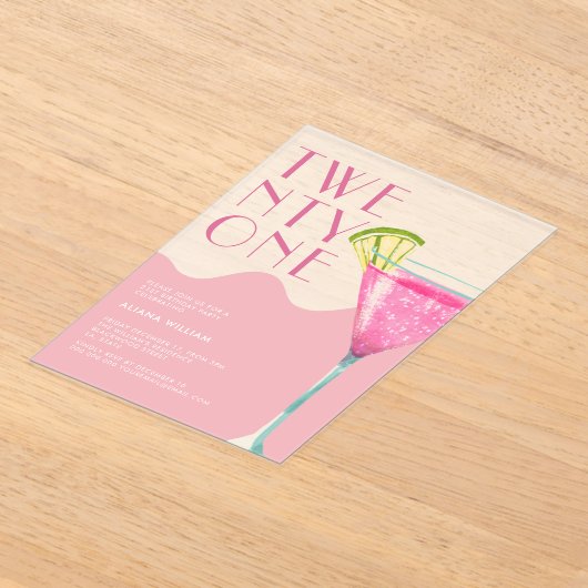 エレガントなシックなピンクのカクテル21st誕生日 アクリル招待状 (レイダウン)