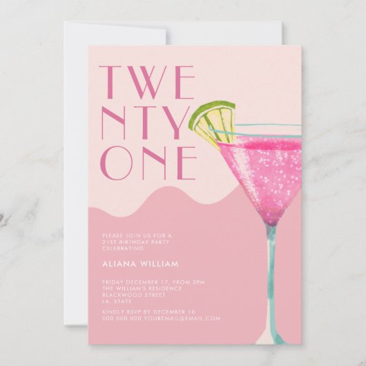 エレガントなシックなピンクのカクテル21st誕生日 招待状 (正面)