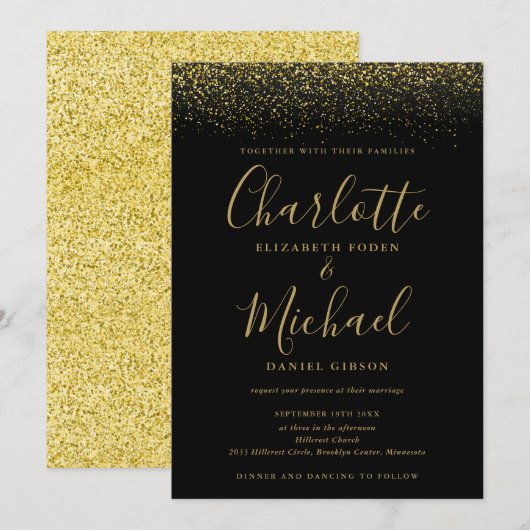 エレガントなシックなブラックとゴールドのグリッター スクリプト ウェディング 招待状 (正面/裏面)