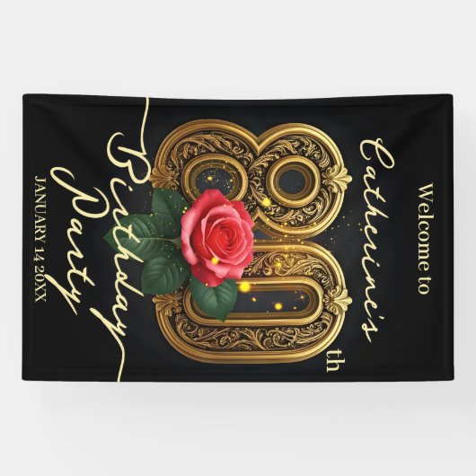 エレガントなシックな赤いバラのゴールドフィリグリー 80歳の誕生日 横断幕 (横)