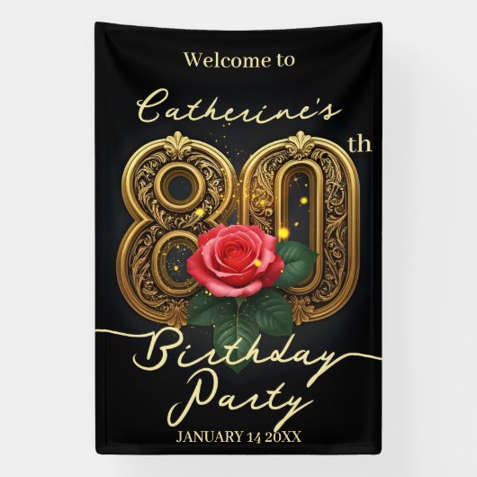 エレガントなシックな赤いバラのゴールドフィリグリー 80歳の誕生日 横断幕 (縦)