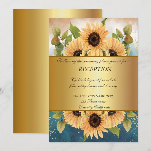 エレガントなシックゴールド、ひまわり ウェディングレセプション 招待状 (正面/裏面)