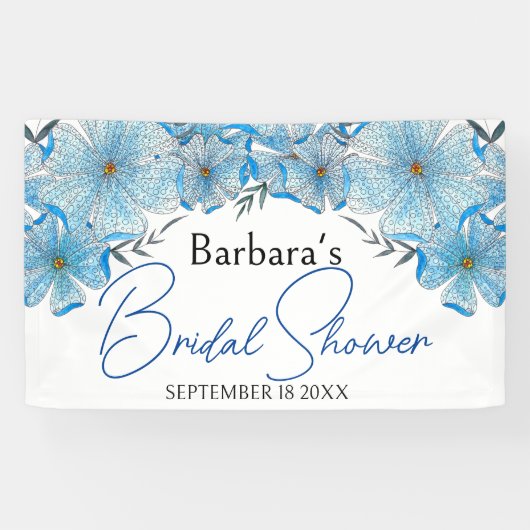 エレガントなシックブルーの水彩花のブライダルシャワー 横断幕 (横)