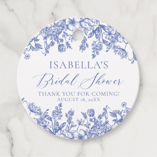 エレガントなシノワズリー ダスティーブルー フラワーブライダルシャワー フェイバータグ (正面)