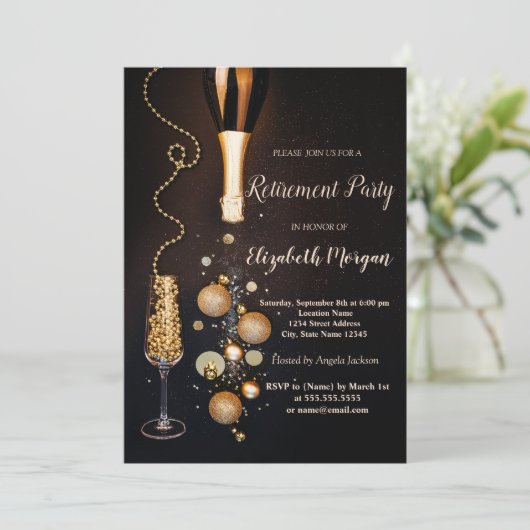 エレガントなシャンパンボトルとグラスの引退 招待状 (スタンド正面)