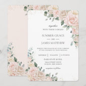 エレガントなシャンパン アイボリー ブラッシュ フローラル ローズ ウェディング 招待状 (正面/裏面)