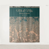 エレガントなシャンパン ティール 結婚式 モノグラム 背景 タペストリー (正面)