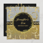 エレガントなシルバーとゴールドの誕生日招待状 招待状 (正面/裏面)
