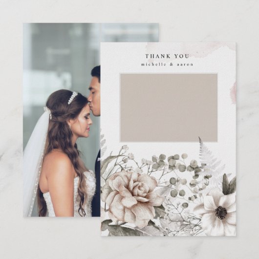 エレガントなシルバーとソフトピンクの花のフォトサンクスカード サンキューカード (正面/裏面)