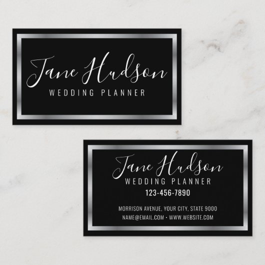 エレガントなシルバーとブラックのシンプル ミニマル 名刺 (正面/裏面)