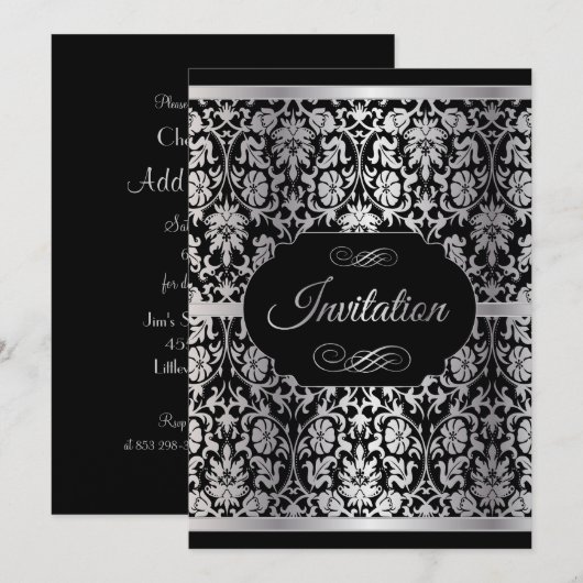 エレガントなシルバーとブラックのパーティーセレブレーション 招待状 (正面/裏面)