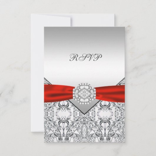 エレガントなシルバーとレッドの結婚式RSVP 出欠カード (正面)