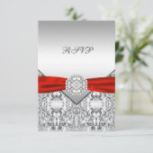 エレガントなシルバーとレッドの結婚式RSVP 出欠カード (スタンド正面)