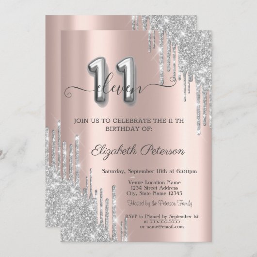 エレガントなシルバーのグリッターが滴るローズゴールドの11番 招待状 (正面/裏面)