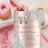 エレガントなシルバーのグリッターが滴るローズゴールドの11番 招待状