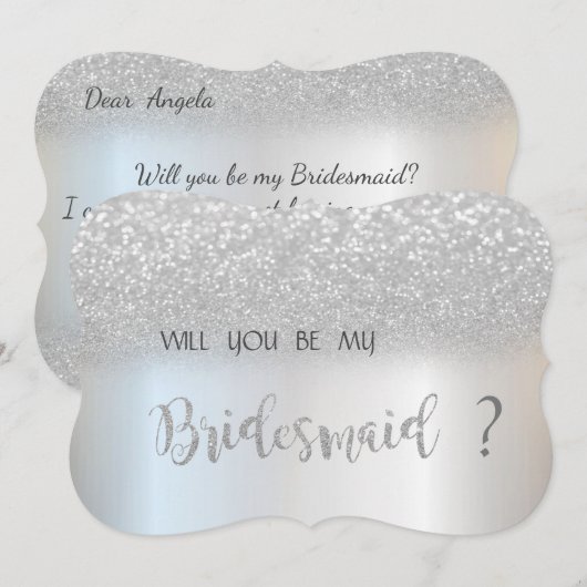 エレガントなシルバーのグリッター ボケ ブライズメイド カード (正面/裏面)