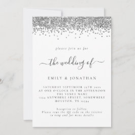 エレガントなシルバーのグリッターQRコード結婚式招待状 招待状