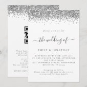 エレガントなシルバーのグリッターQRコード結婚式招待状 招待状 (正面/裏面)