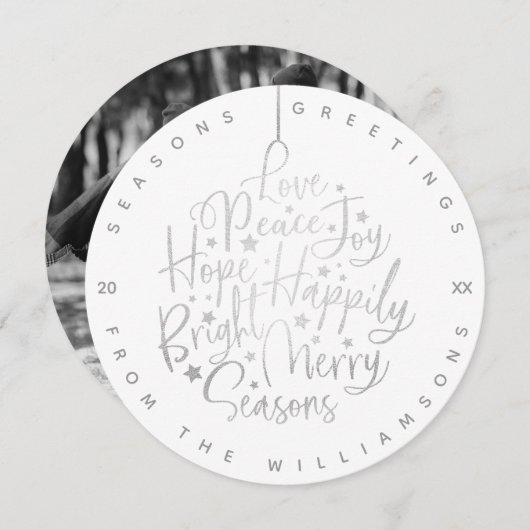 エレガントなシルバーのグリーティングスタイポグラフィオーナメントフォト シーズンカード (正面/裏面)
