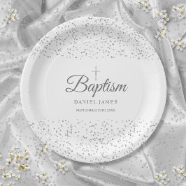 エレガントなシルバーのスターダスト洗礼式 名付け ペーパープレート