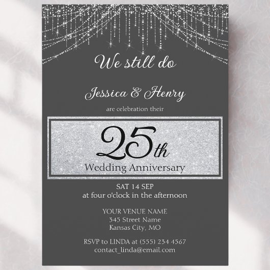 エレガントなシルバーのストリングス 25周年記念の結婚式 招待状