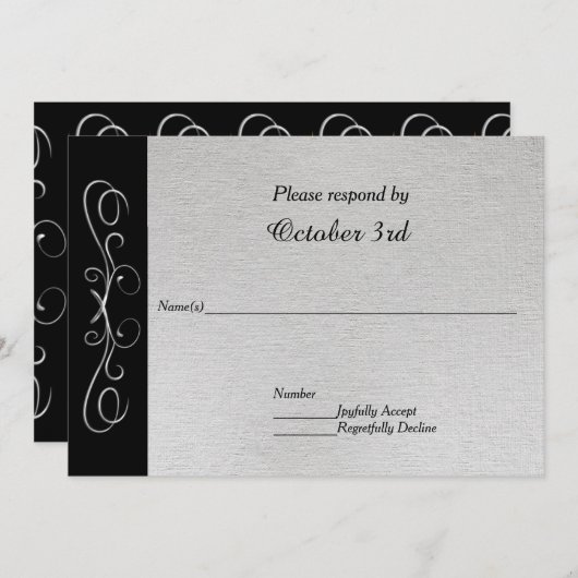 エレガントなシルバーの渦巻き ウェディング招待の返信 招待状 (正面/裏面)