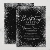エレガントなシルバーグリッター ブラック スイート16誕生日 招待状 (正面/裏面)