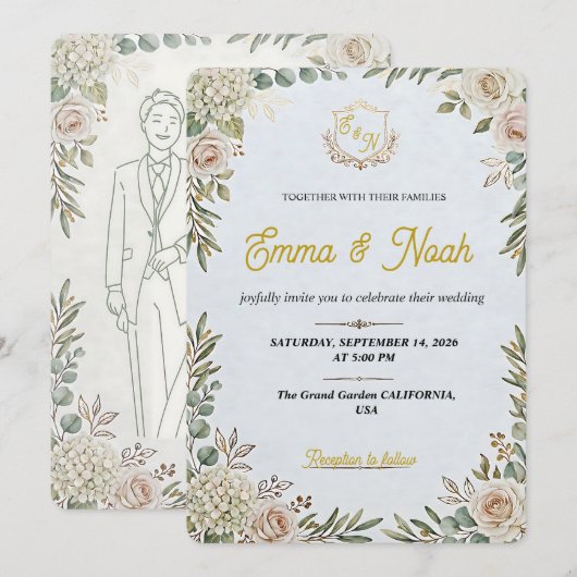 エレガントなシルバーグレーとゴールドの結婚式招待状(編集可能) 招待状 (正面/裏面)