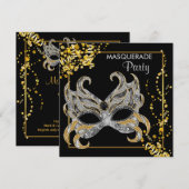 エレガントなシルバーゴールドマスカレードパーティー 招待状 (正面/裏面)