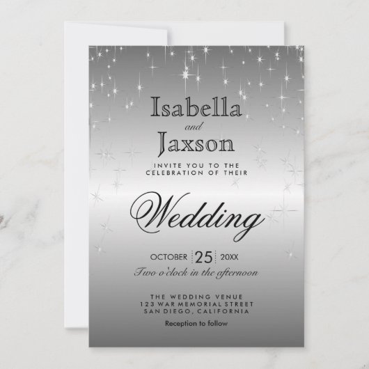 エレガントなシルバースターライト ウェディング招待状 招待状 (正面)