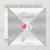 エレガントなシルバーダマスクとピンクのバラのテーブルナンバー 招待状 (正面/裏面)
