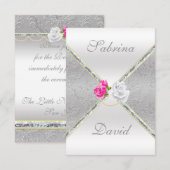 エレガントなシルバーダマスクとピンクのバラのレセプションカード 招待状 (正面/裏面)