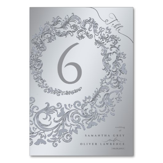 エレガントなシルバーダマスク ウェディングテーブルナンバーカード テーブルナンバー (正面)