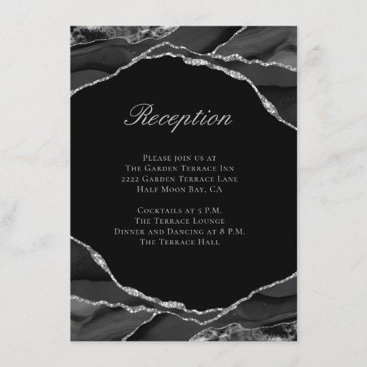 エレガントなシルバーフォイル ブラックアゲート ウェディングレセプション エンクロージャーカード (正面)