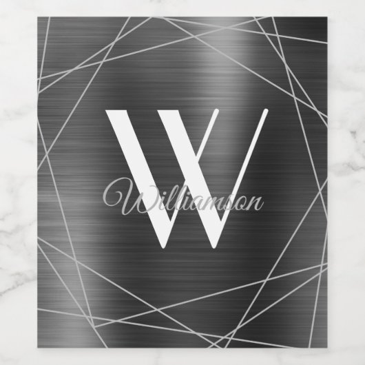 エレガントなシルバーメタリックモノグラム幾何学模様名前 ワインラベル (シングルラベル)