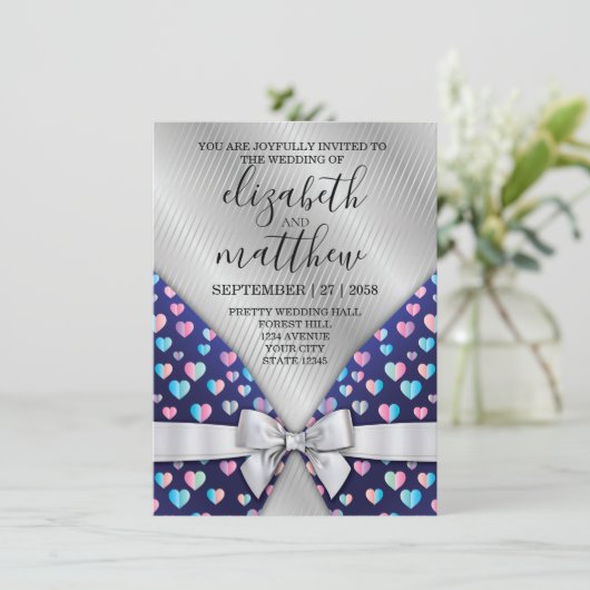 エレガントなシルバーラインの招待用リボンとハートのスペック 招待状 (スタンド正面)