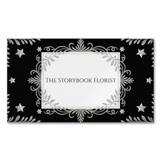 エレガントなシルバー オーナメント スター & リーフ ブラック セレスチアル マグネット名刺 (正面)