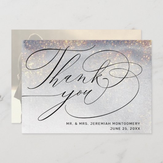 エレガントなシルバー ゴールド スパークル ウォーターカラー ウェディング フォト サンキューカード (正面/裏面)